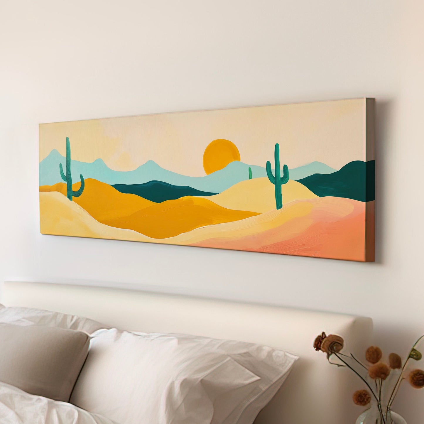 Abstract Cactus Above Bed Wall Art Southwestern, Panoramic Cowboy Canvas Print, Landscape Long Horizontal Canvas Art