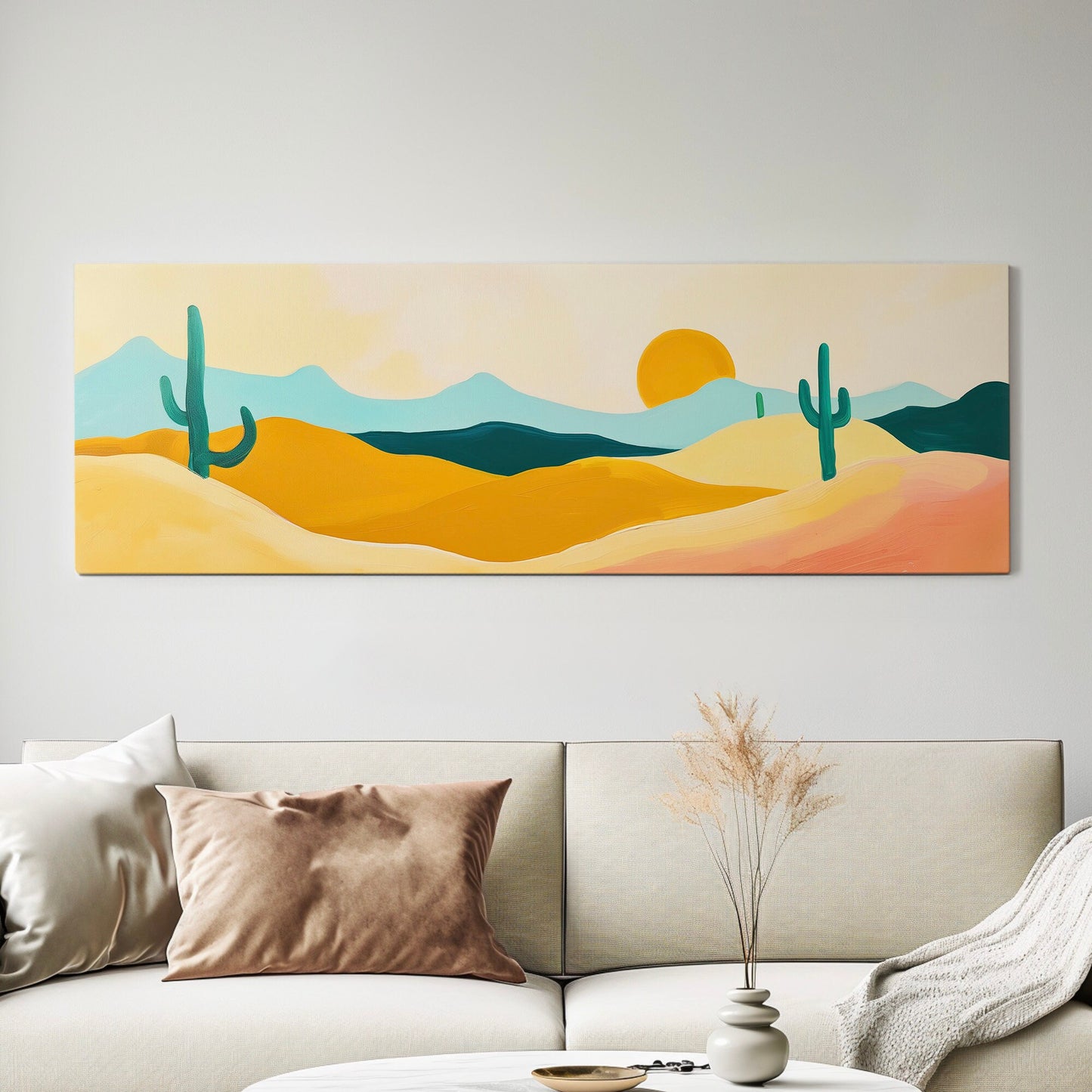 Abstract Cactus Above Bed Wall Art Southwestern, Panoramic Cowboy Canvas Print, Landscape Long Horizontal Canvas Art