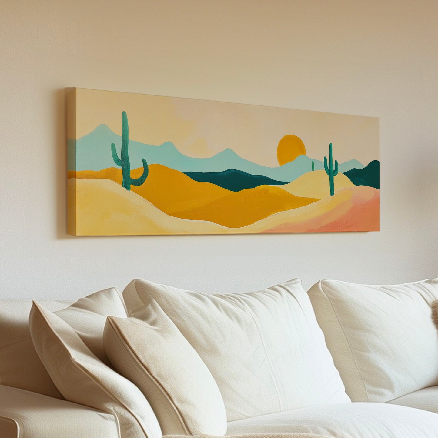 Abstract Cactus Above Bed Wall Art Southwestern, Panoramic Cowboy Canvas Print, Landscape Long Horizontal Canvas Art