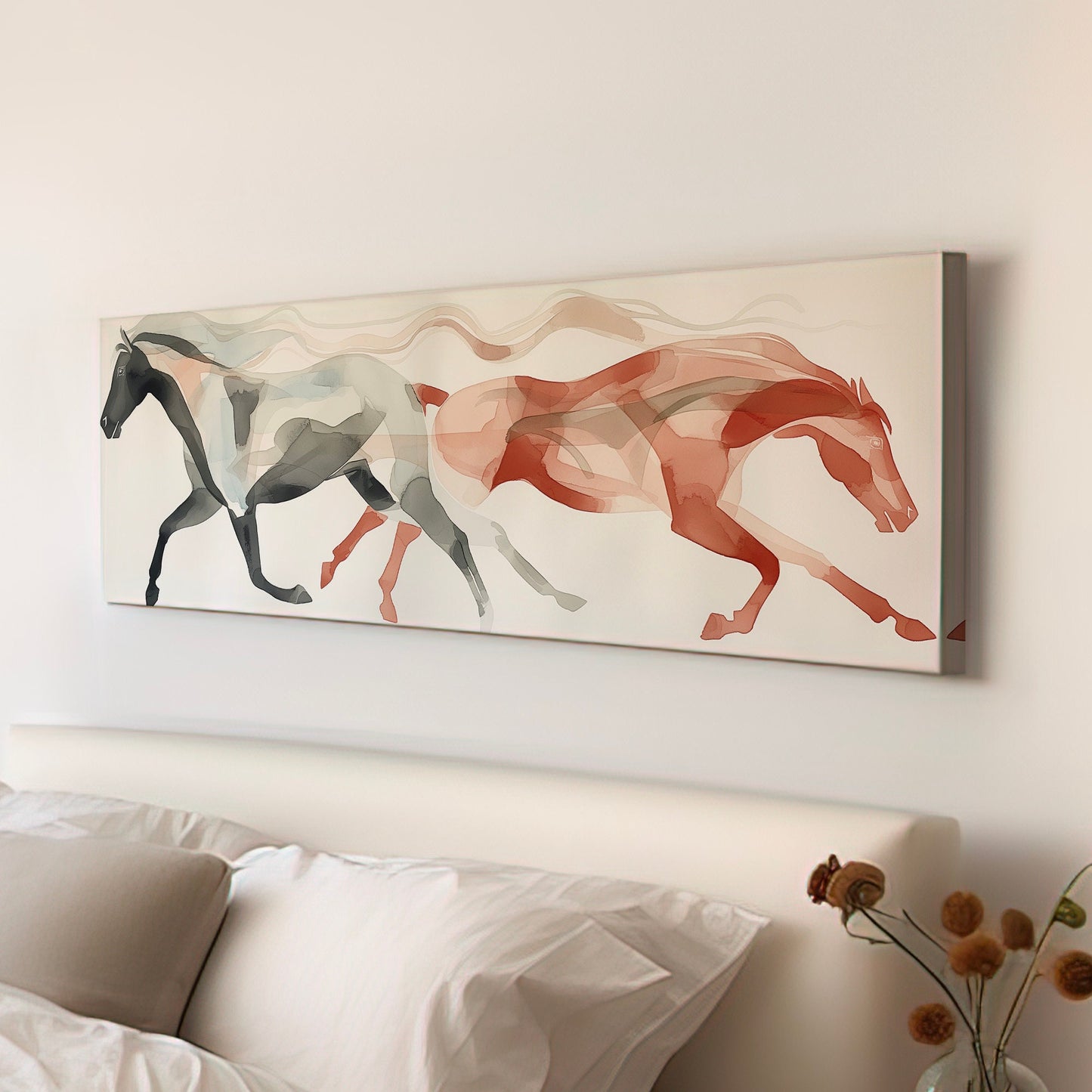 Abstract Twin Horses Above Bed Wall Art Modern, Panoramic Minimal Canvas Print, Farmhouse Long Horizontal Canvas Art