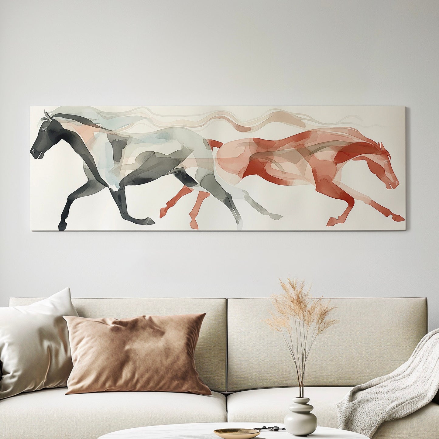 Abstract Twin Horses Above Bed Wall Art Modern, Panoramic Minimal Canvas Print, Farmhouse Long Horizontal Canvas Art
