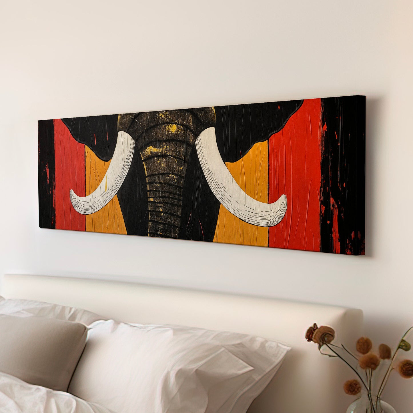 Art Deco African Elephant Above Bed Wall Art African, Panoramic Wildlife Canvas Print, Safari Long Horizontal Canvas Art