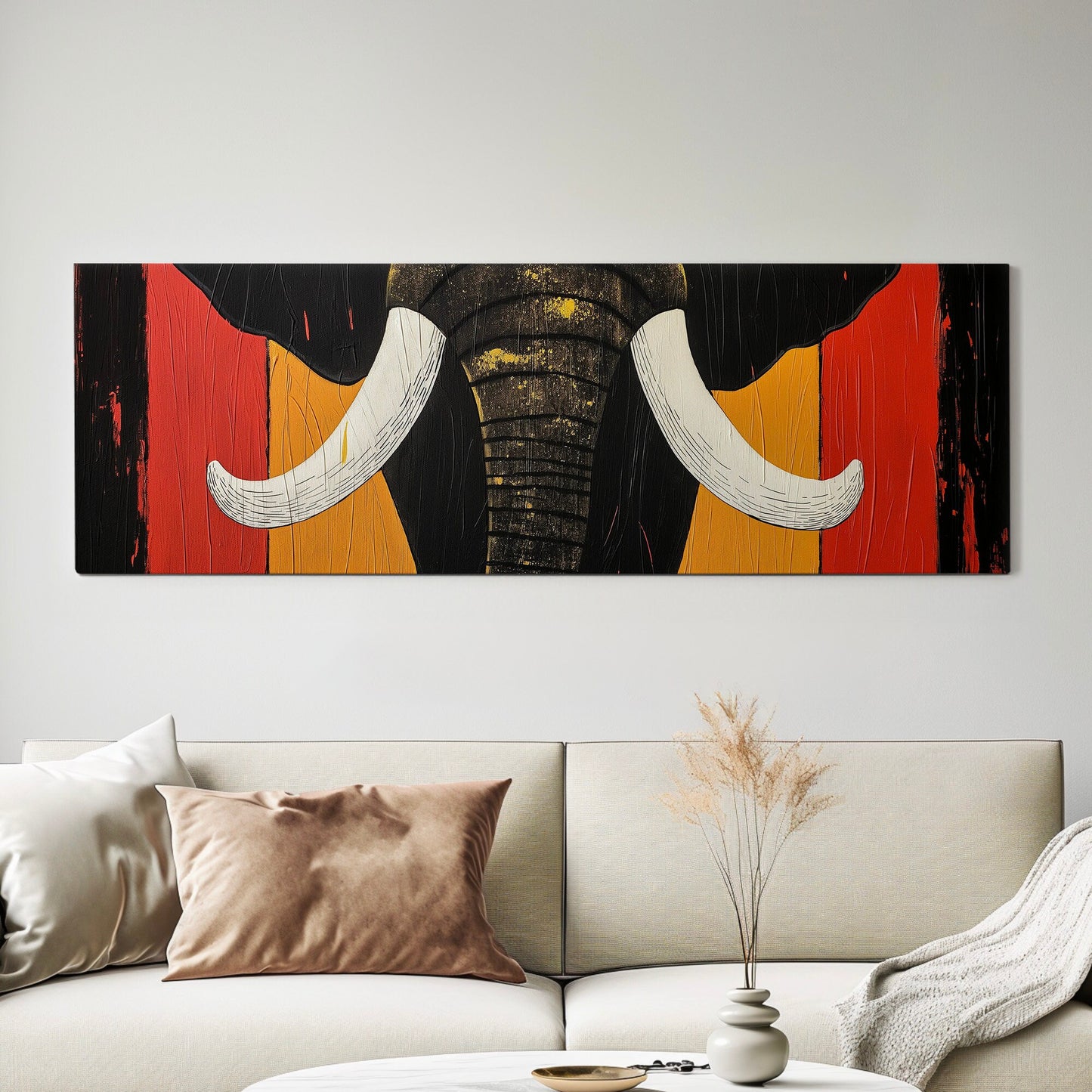 Art Deco African Elephant Above Bed Wall Art African, Panoramic Wildlife Canvas Print, Safari Long Horizontal Canvas Art