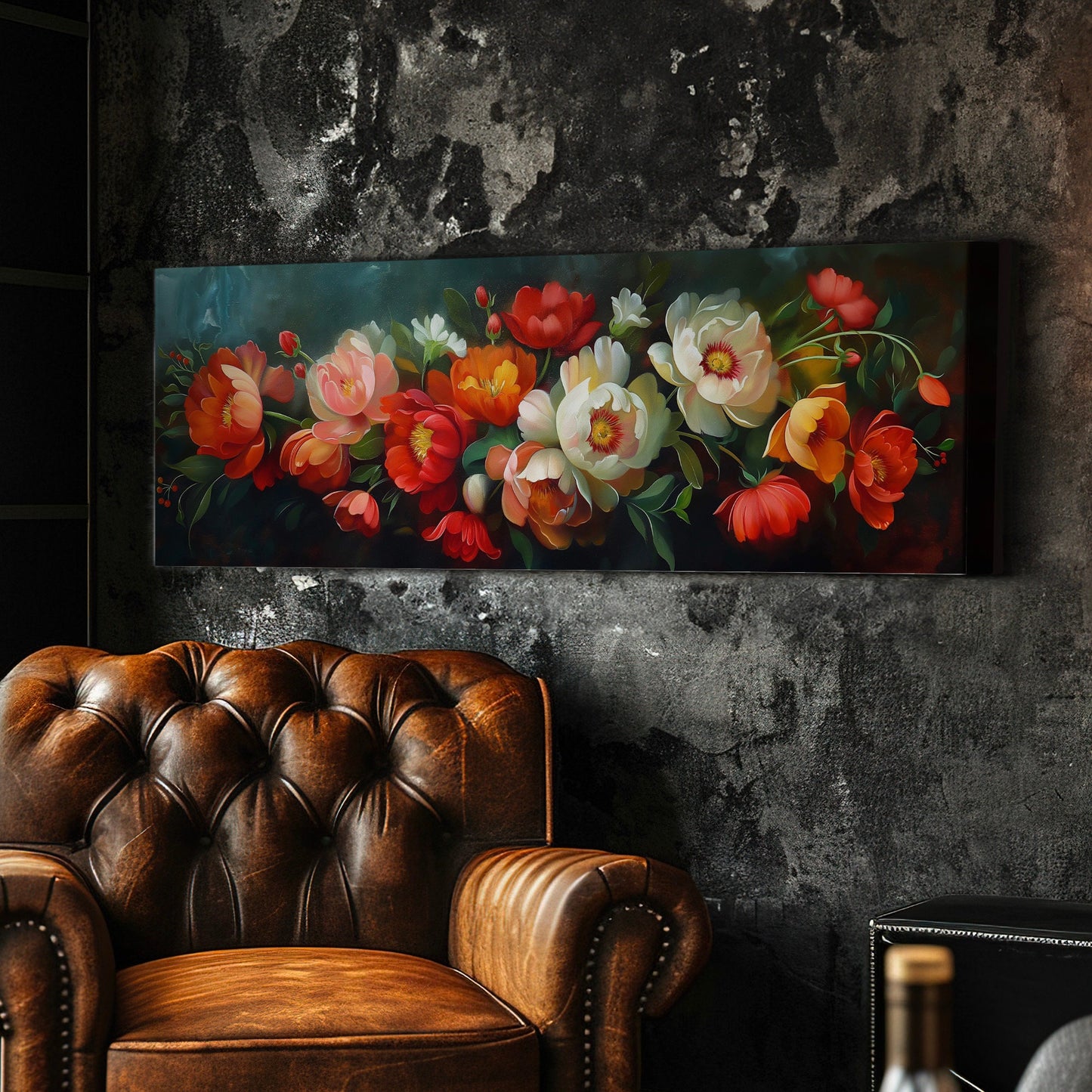Baroque Bouquet Above Bed Wall Art Peony, Panoramic Floral Canvas Print, Impressionist Long Horizontal Canvas Art