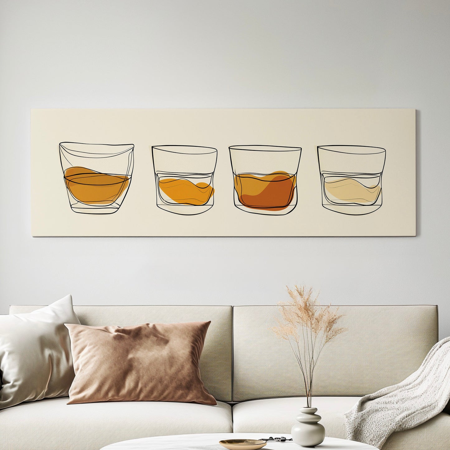Boho Whiskey Bar Above Bed Wall Art Bourbon Bar, Panoramic Scotch Canvas Print, Man Cave Long Horizontal Canvas Art