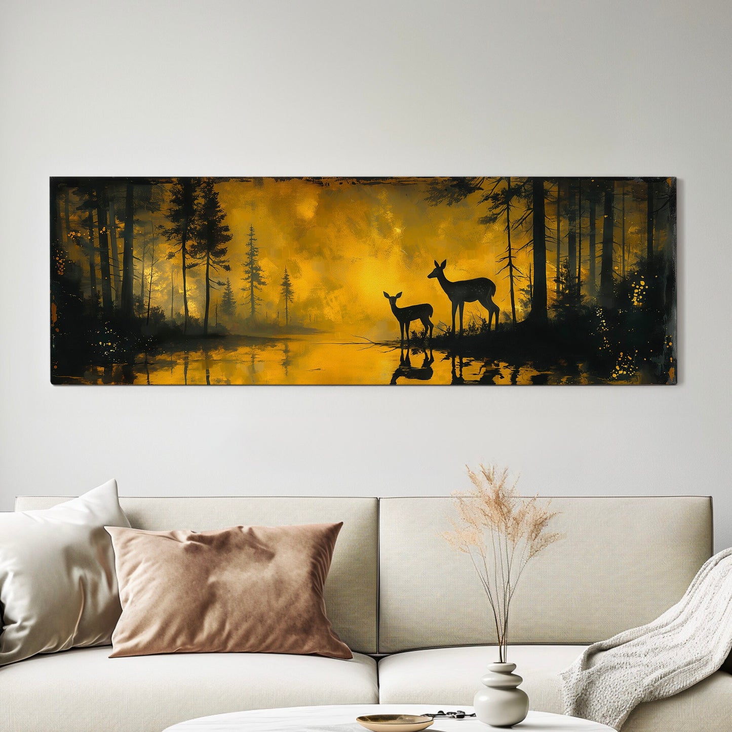 Deers In The Forest Above Bed Wall Art Lake, Panoramic Wildlife Canvas Print, Nature Long Horizontal Canvas Art