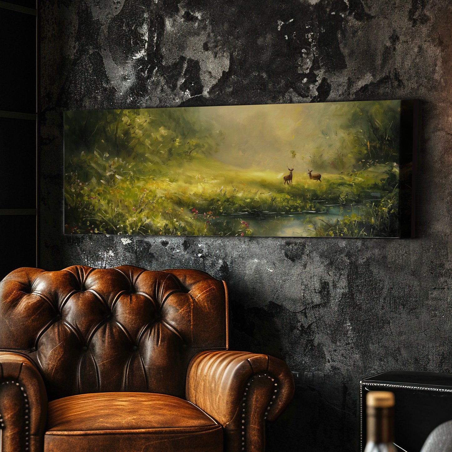 Deers in The Forest Above Bed Wall Art Spring Meadow, Panoramic Peaceful Canvas Print, Nature Long Horizontal Canvas Art