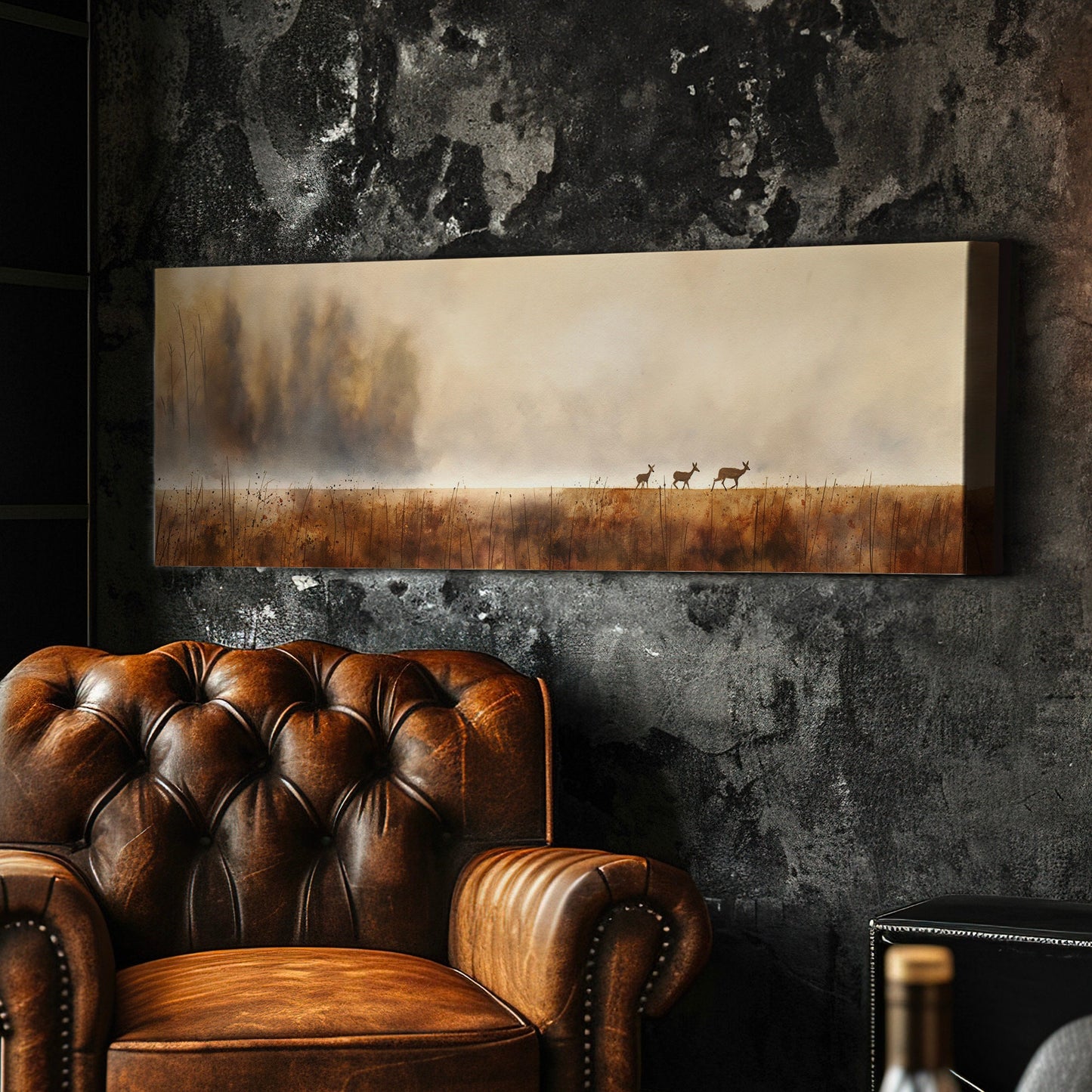 Deers Mama With Baby Deers Above Bed Wall Art Neutral Field, Panoramic Wildlife Canvas Print, Nature Long Horizontal Canvas Art