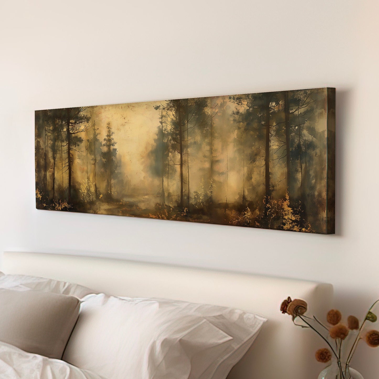 Dense Woods Above Bed Wall Art Minimal, Panoramic Forest Trip Canvas Print, Farmhouse Long Horizontal Canvas Art