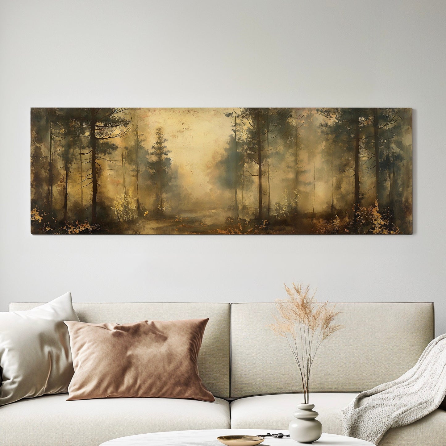 Dense Woods Above Bed Wall Art Minimal, Panoramic Forest Trip Canvas Print, Farmhouse Long Horizontal Canvas Art