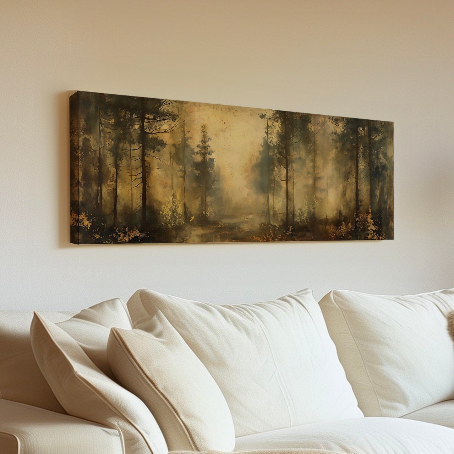 Dense Woods Above Bed Wall Art Minimal, Panoramic Forest Trip Canvas Print, Farmhouse Long Horizontal Canvas Art