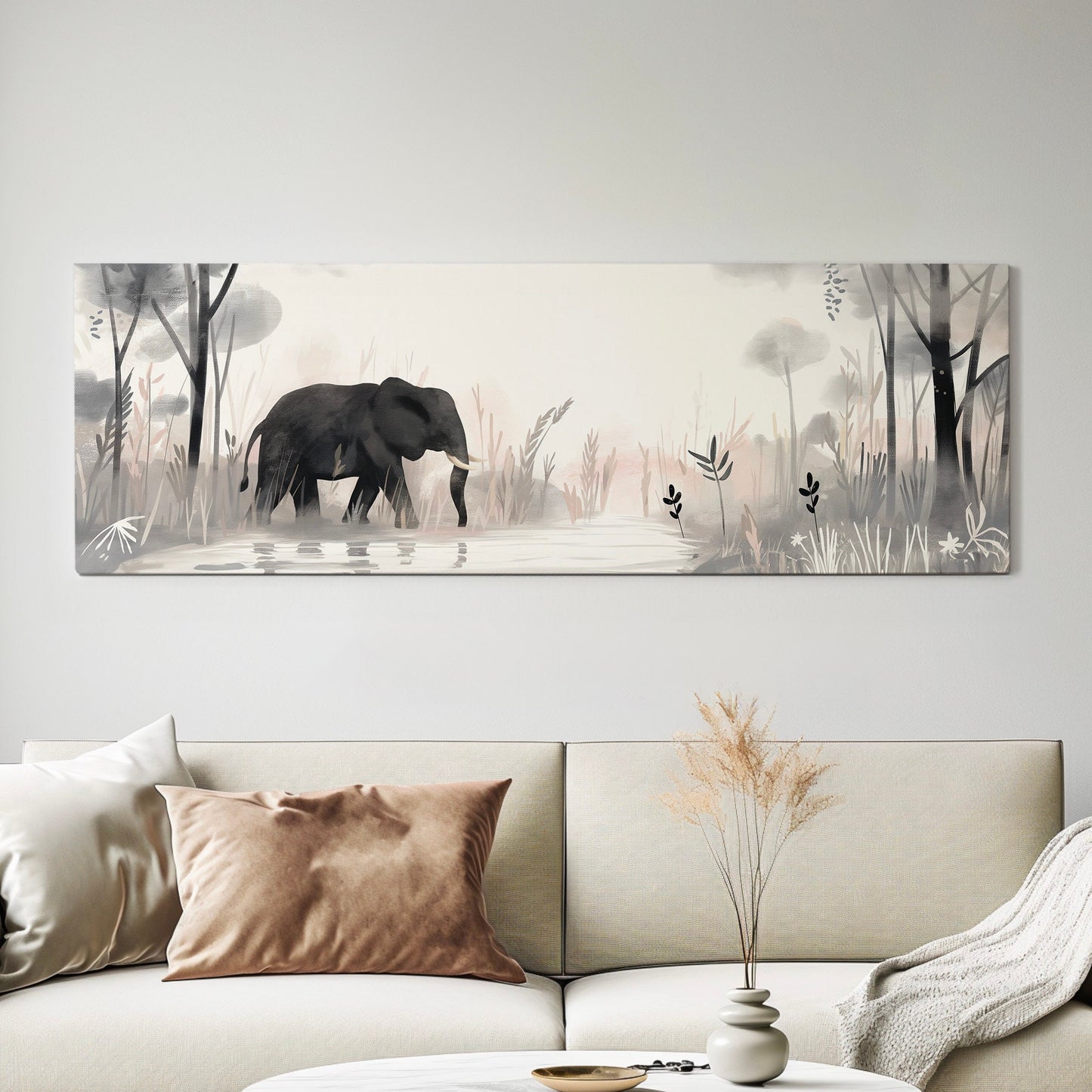 Elephant In The Forest Above Bed Wall Art Lake, Panoramic Wildlife Canvas Print, Safari Long Horizontal Canvas Art