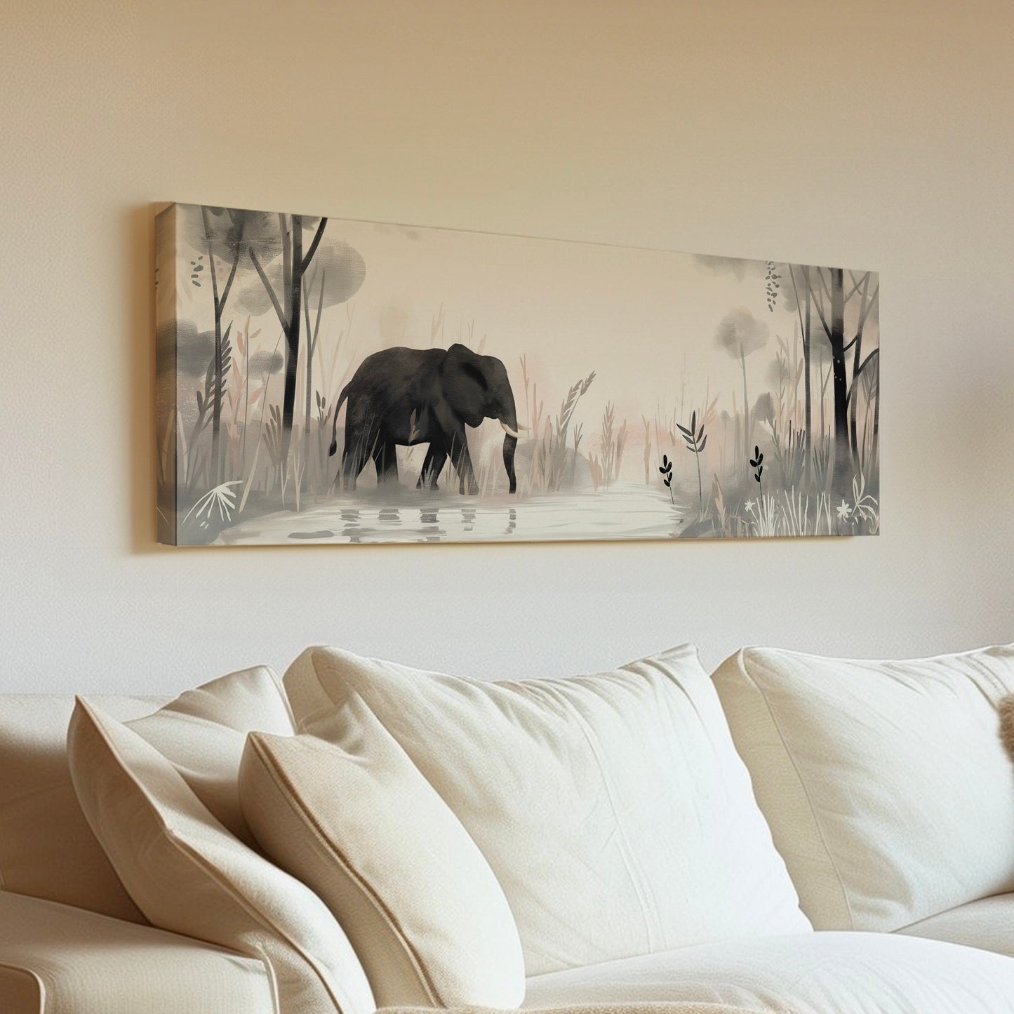 Elephant In The Forest Above Bed Wall Art Lake, Panoramic Wildlife Canvas Print, Safari Long Horizontal Canvas Art