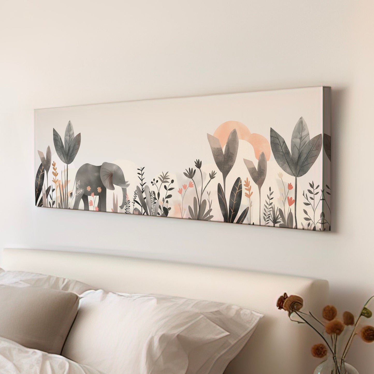 Elephant Nursery Above Bed Wall Art Floral, Panoramic Wildlife Canvas Print, Safari Long Horizontal Canvas Art
