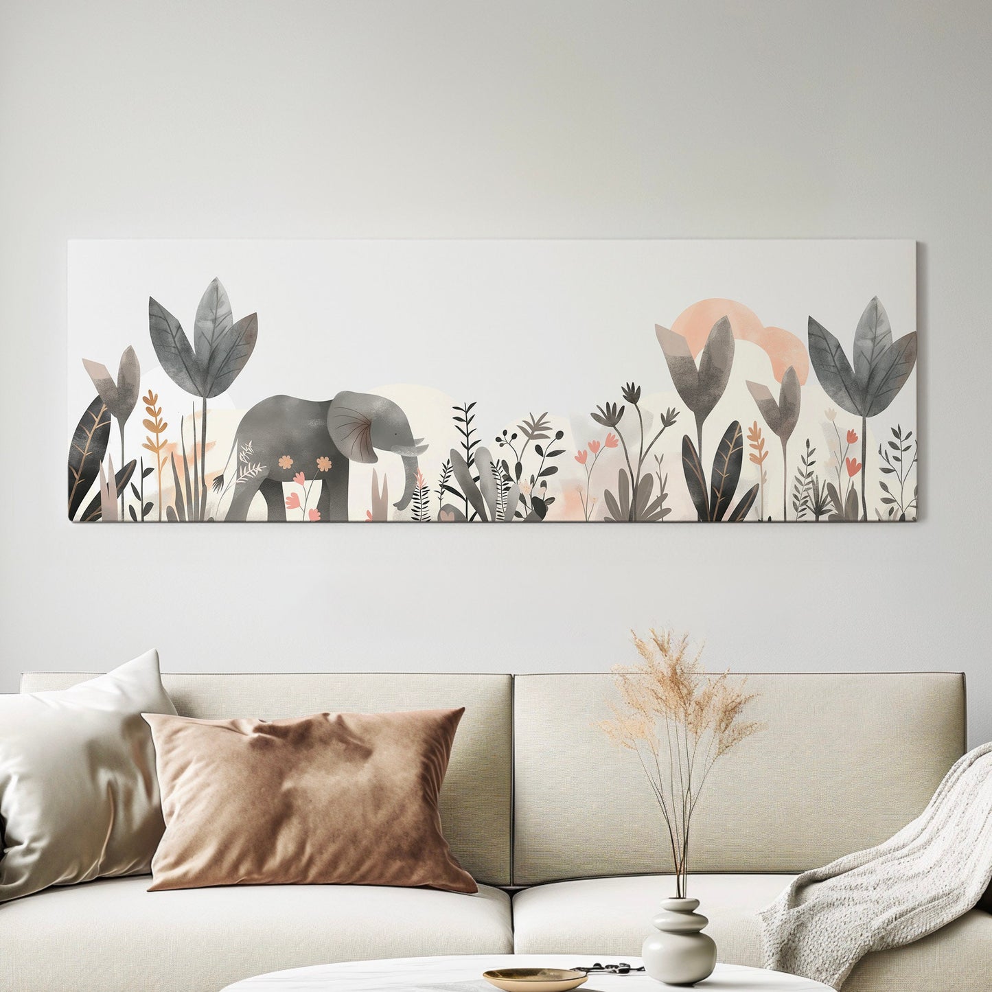 Elephant Nursery Above Bed Wall Art Floral, Panoramic Wildlife Canvas Print, Safari Long Horizontal Canvas Art