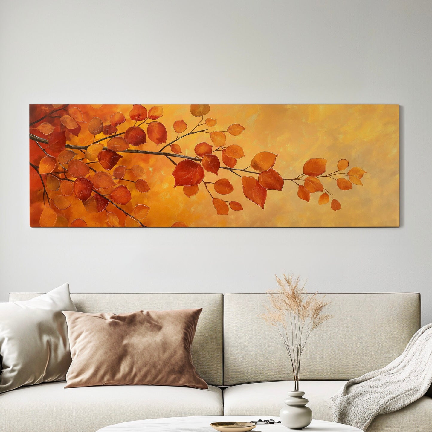 October Tree Branch Above Bed Wall Art Autumn Foliage, Panoramic Minimal Canvas Print, Fall Color Long Horizontal Canvas Art