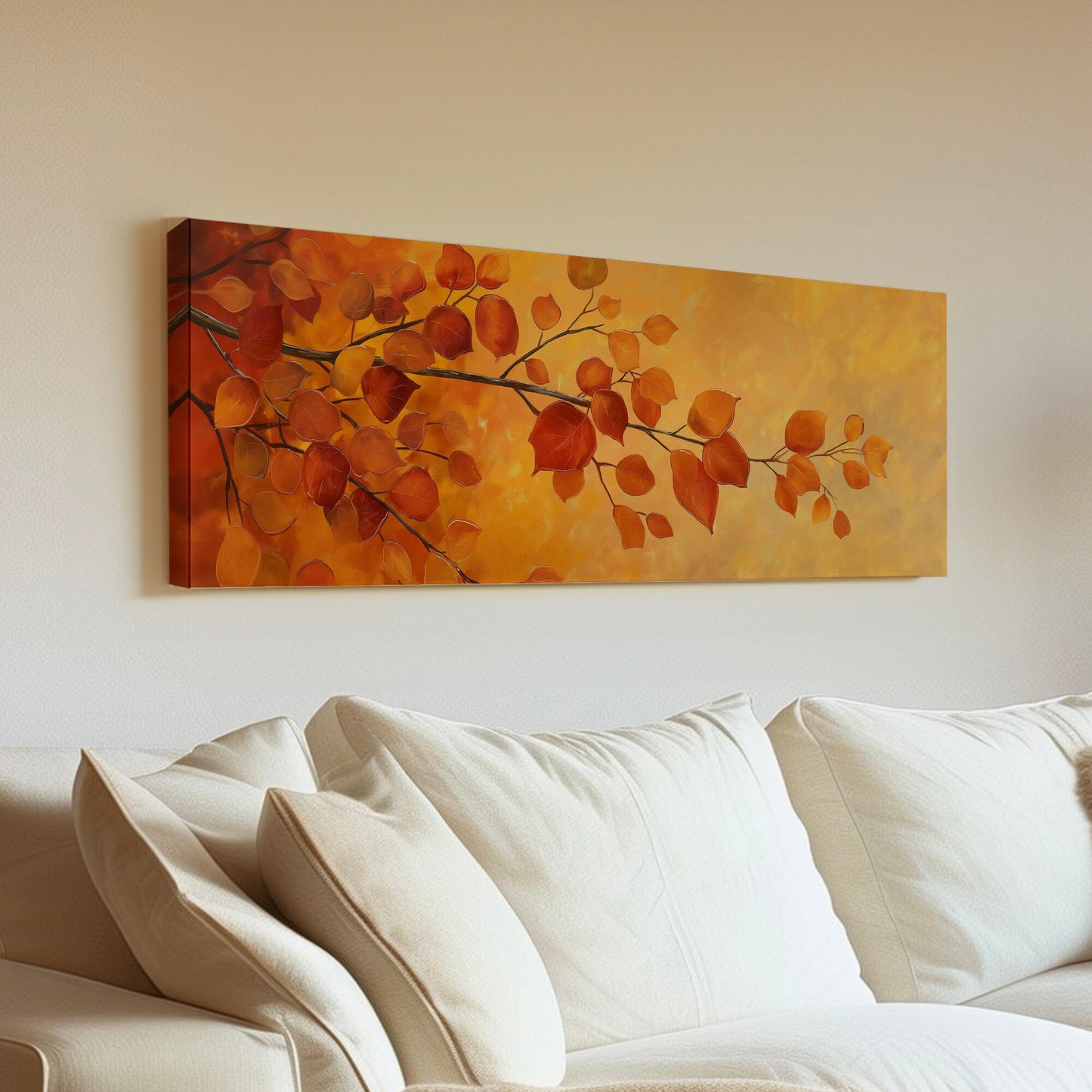 October Tree Branch Above Bed Wall Art Autumn Foliage, Panoramic Minimal Canvas Print, Fall Color Long Horizontal Canvas Art