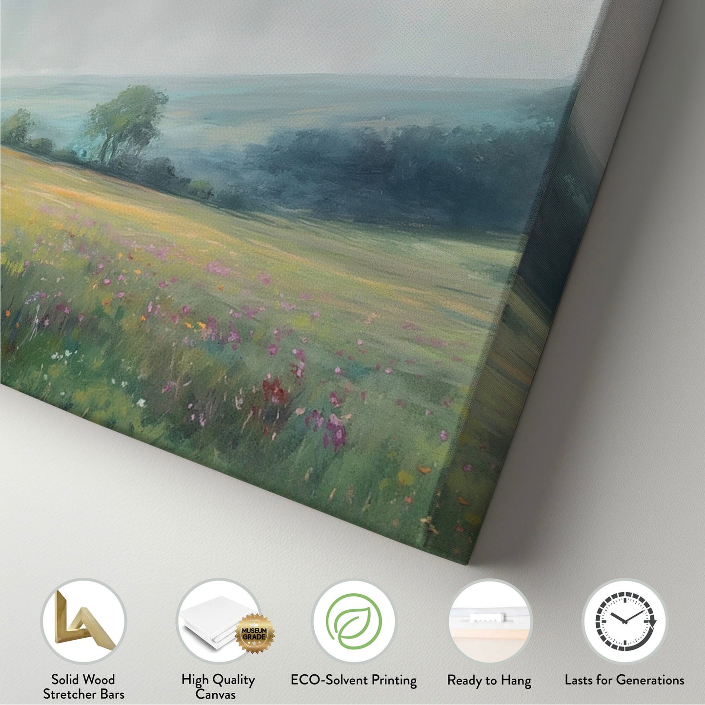 Peaceful Spring Meadow Above Bed Wall Art Forest, Panoramic Wildflower Canvas Print, Nature Long Horizontal Canvas Art
