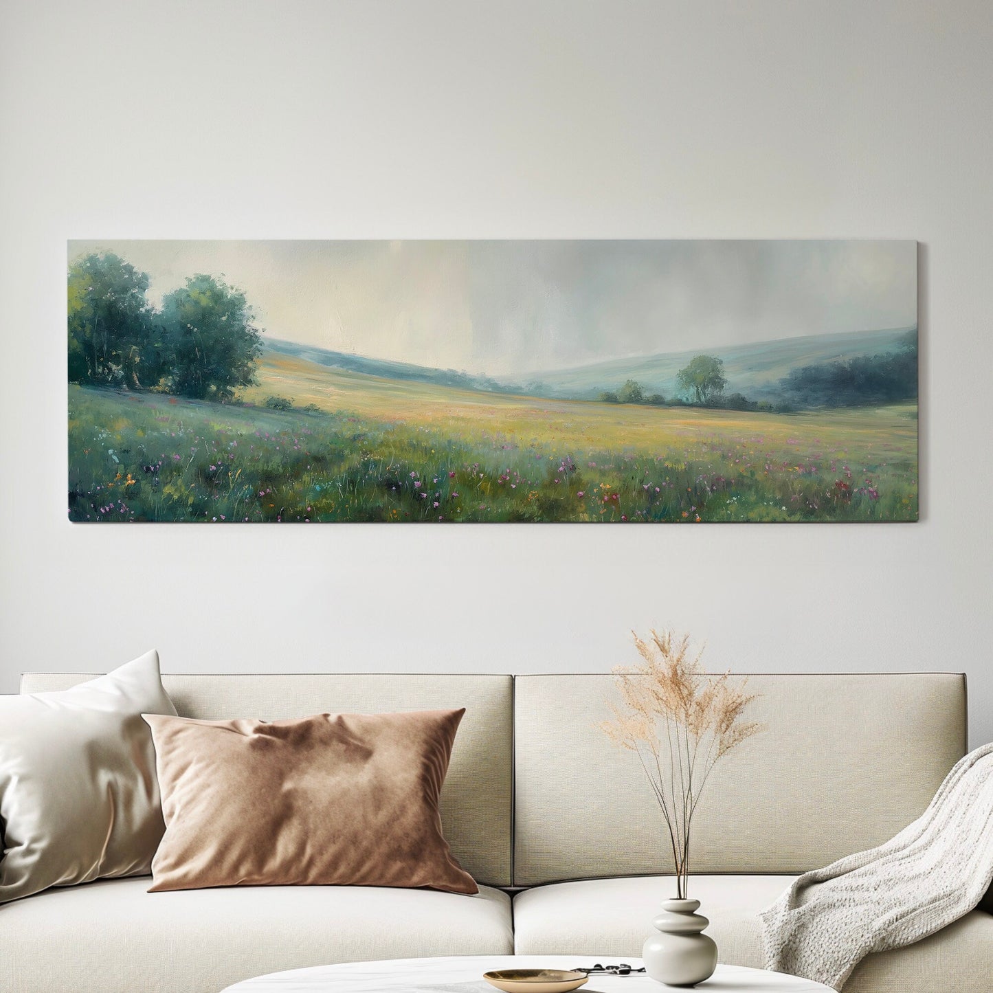 Peaceful Spring Meadow Above Bed Wall Art Forest, Panoramic Wildflower Canvas Print, Nature Long Horizontal Canvas Art