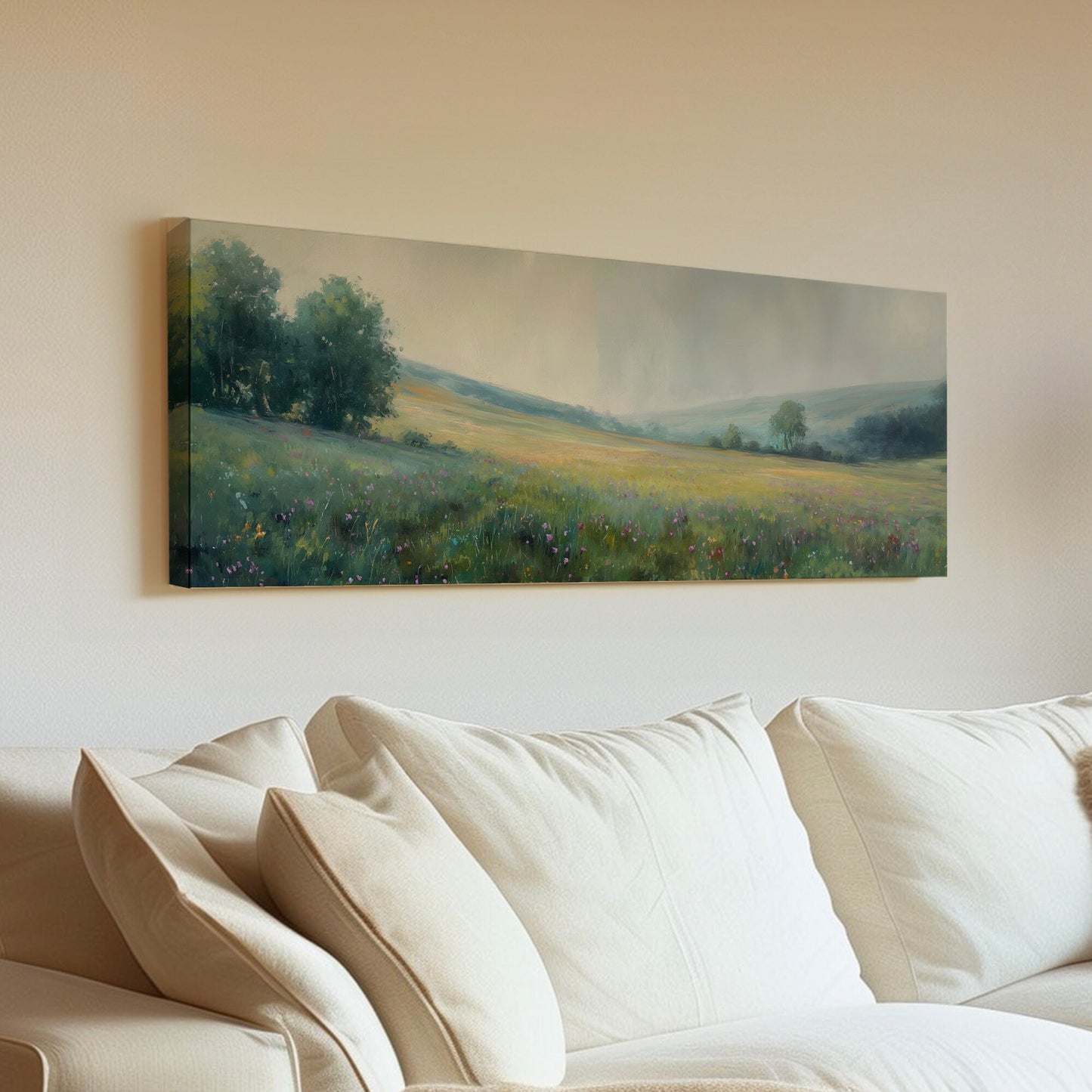 Peaceful Spring Meadow Above Bed Wall Art Forest, Panoramic Wildflower Canvas Print, Nature Long Horizontal Canvas Art