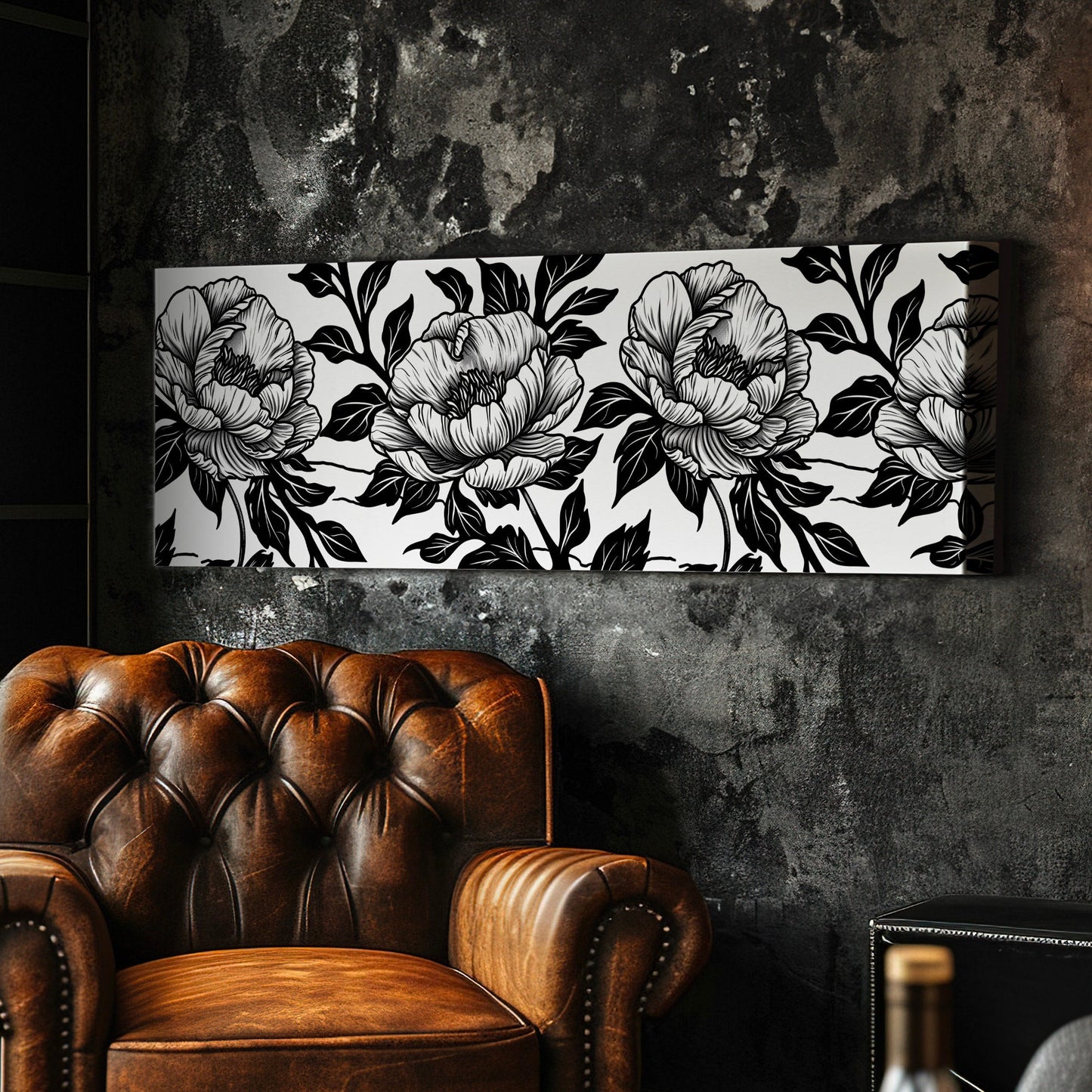 Peony Linocut Above Bed Wall Art Baroque Bouquet, Panoramic Floral Canvas Print, Black And White Long Horizontal Canvas Art