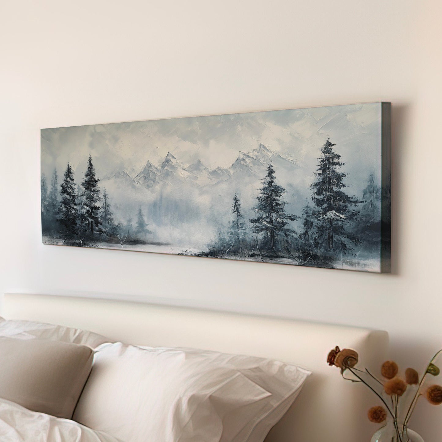 Pine Forest At Winter Above Bed Wall Art Mountain Landscape, Panoramic Tirol Canvas Print, Minimal Long Horizontal Canvas Art