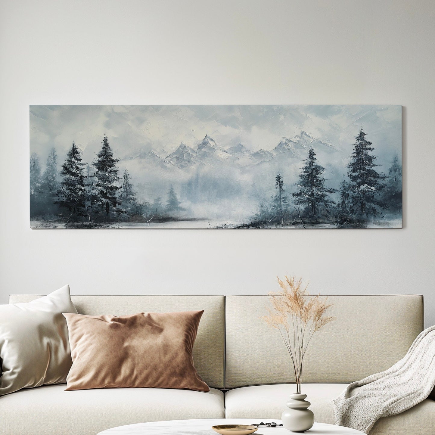 Pine Forest At Winter Above Bed Wall Art Mountain Landscape, Panoramic Tirol Canvas Print, Minimal Long Horizontal Canvas Art