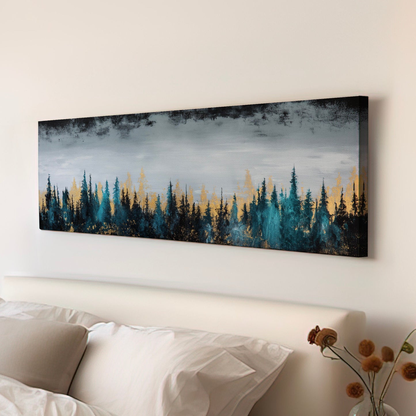 Pine Forest Landscape Above Bed Wall Art Minimal, Panoramic Abstract Canvas Print, Gold Colors Long Horizontal Canvas Art