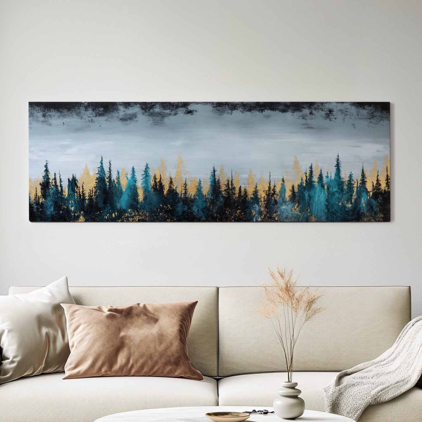 Pine Forest Landscape Above Bed Wall Art Minimal, Panoramic Abstract Canvas Print, Gold Colors Long Horizontal Canvas Art
