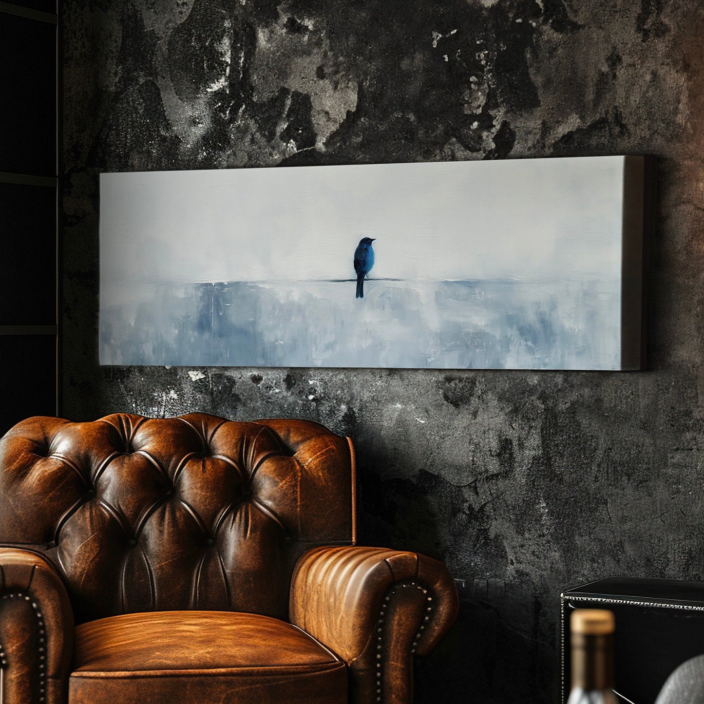 Blue Bird Above Bed Wall Art Minimal, Panoramic Neutral Canvas Print, Nature Long Horizontal Canvas Art