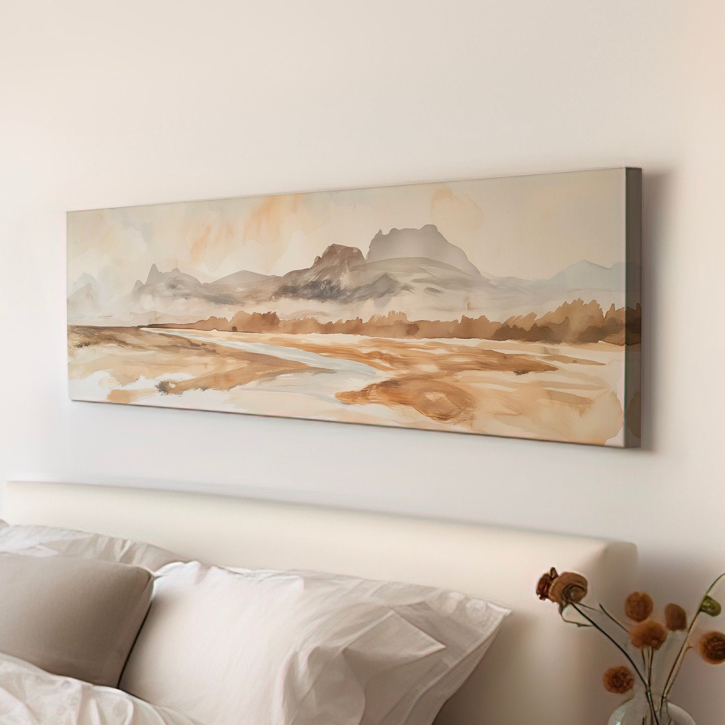 Muted Beach Above Bed Wall Art Watercolor, Panoramic Neutral Canvas Print, Minimal Long Horizontal Canvas Art