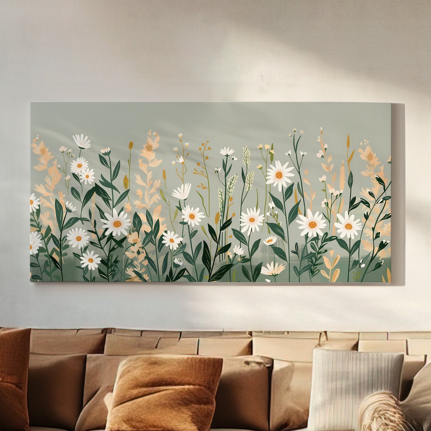 White Wildflovers Long Horizontal Wall Art For Living Room, Panoramic Minimal Illustration Canvas Print, Sage Green leaves Decor Canvas Art
