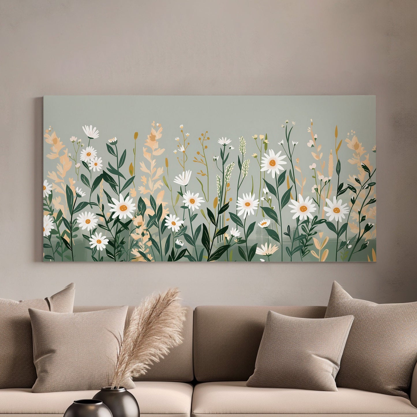 White Wildflovers Long Horizontal Wall Art For Living Room, Panoramic Minimal Illustration Canvas Print, Sage Green leaves Decor Canvas Art