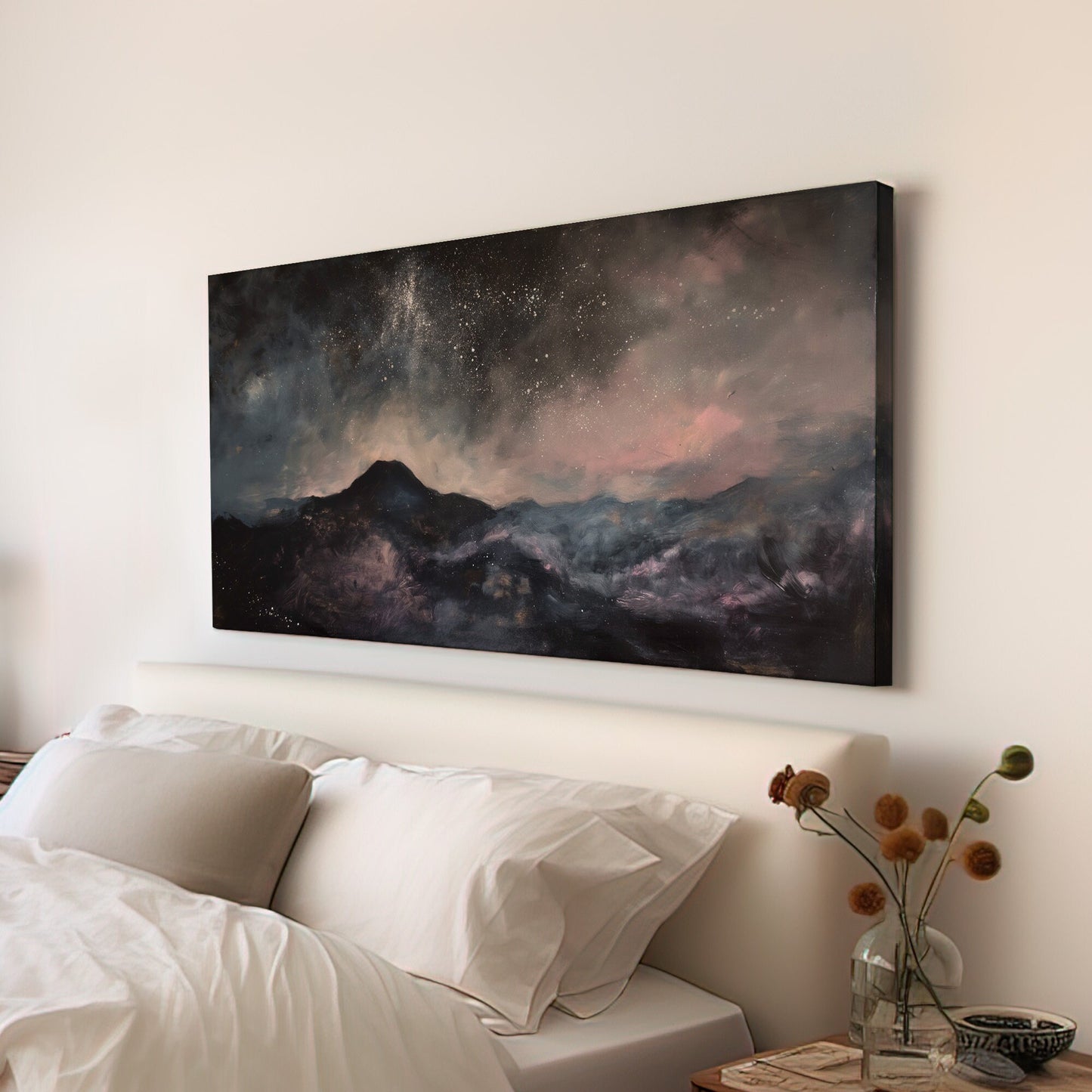 Starry Night Long Horizontal Wall Art For Bedroom, Panoramic Mountains Canvas Print, Minimal Decor Canvas Art