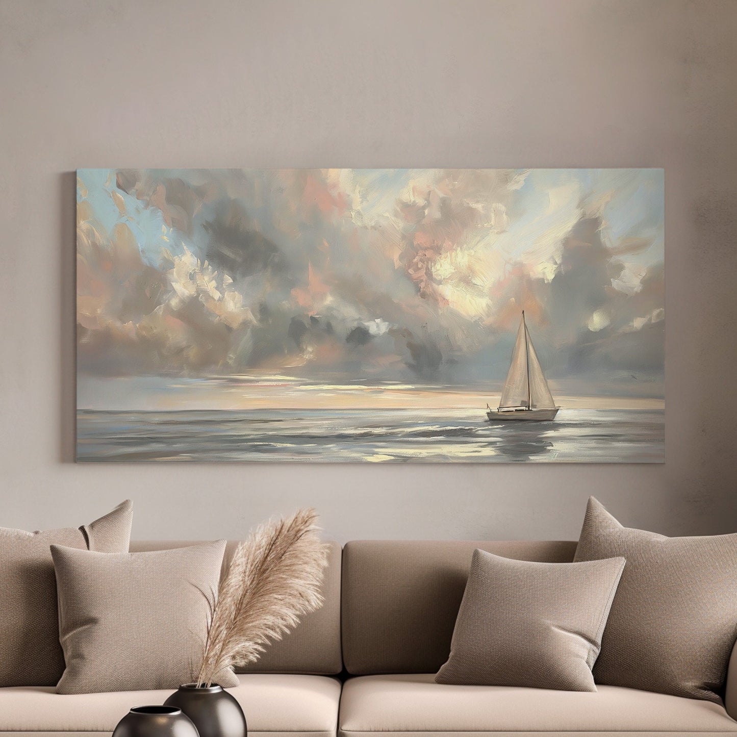 Sailing Long Horizontal Wall Art For Bedroom, Panoramic Lake House Canvas Print, Regatta Decor Canvas Art