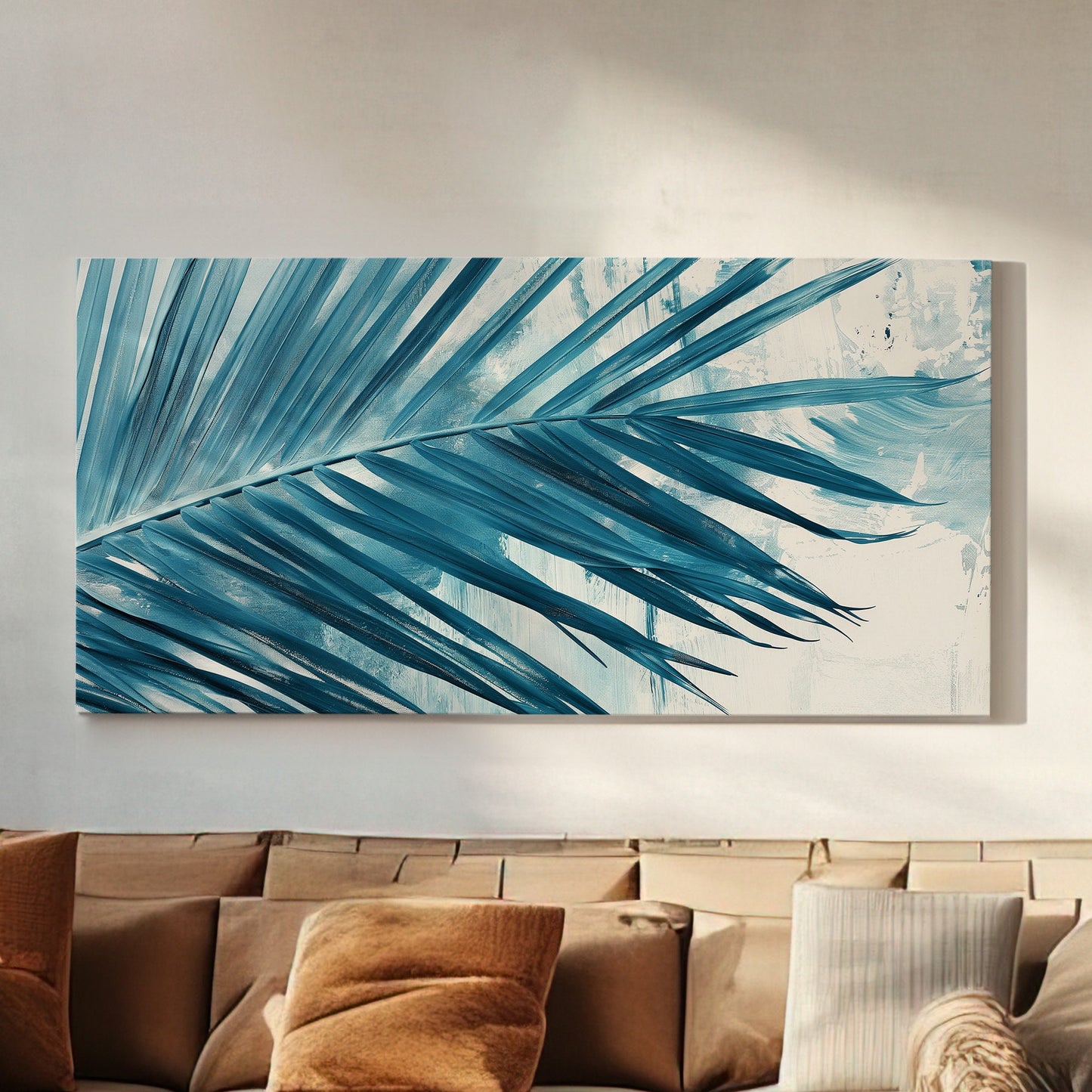 Palm Leaf Long Horizontal Wall Art for Bedroom, Panoramic Blue Tones Canvas Print, Botanical Decor Canvas Art