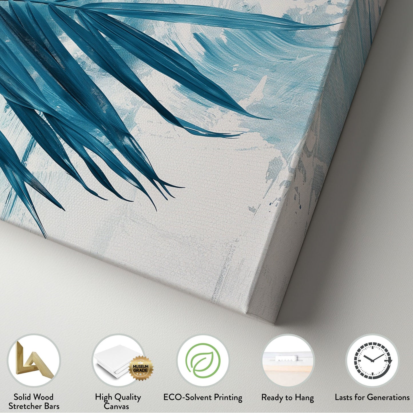 Palm Leaf Long Horizontal Wall Art for Bedroom, Panoramic Blue Tones Canvas Print, Botanical Decor Canvas Art