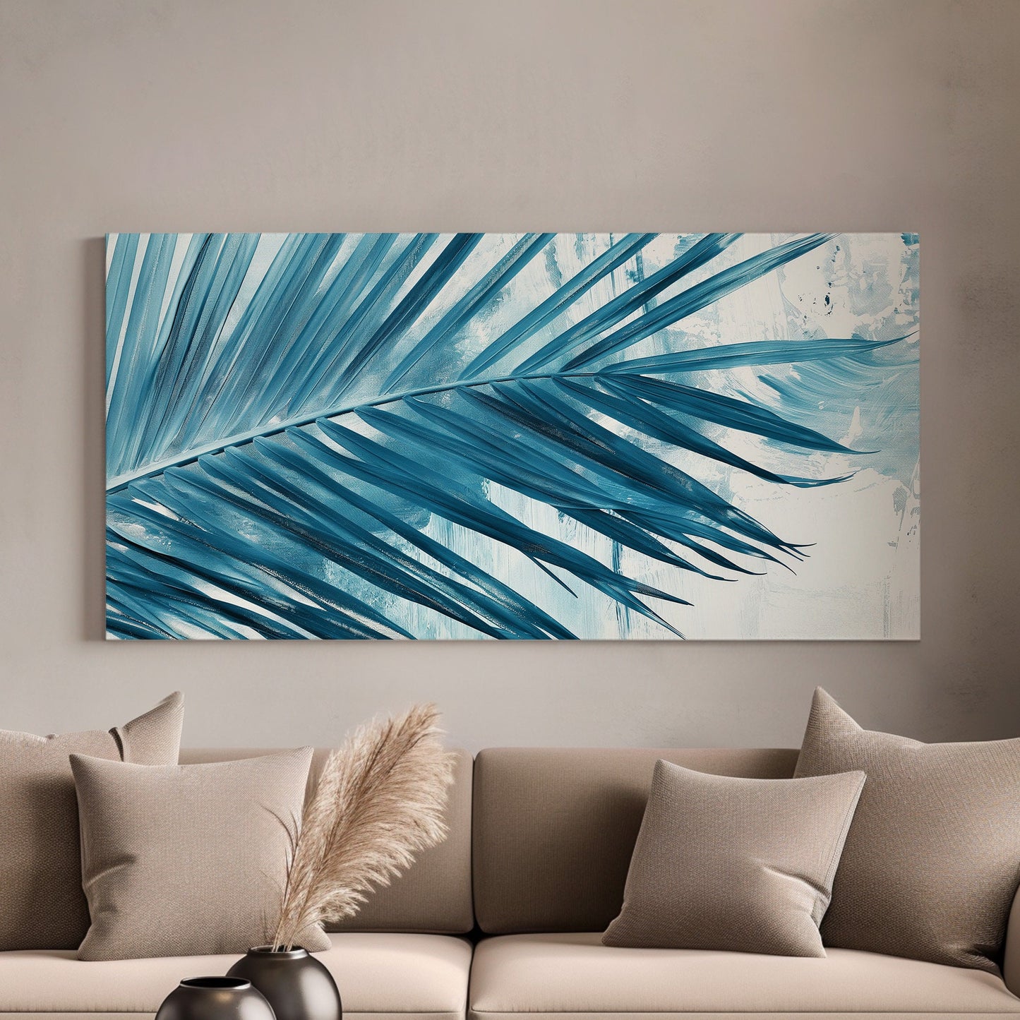 Palm Leaf Long Horizontal Wall Art for Bedroom, Panoramic Blue Tones Canvas Print, Botanical Decor Canvas Art