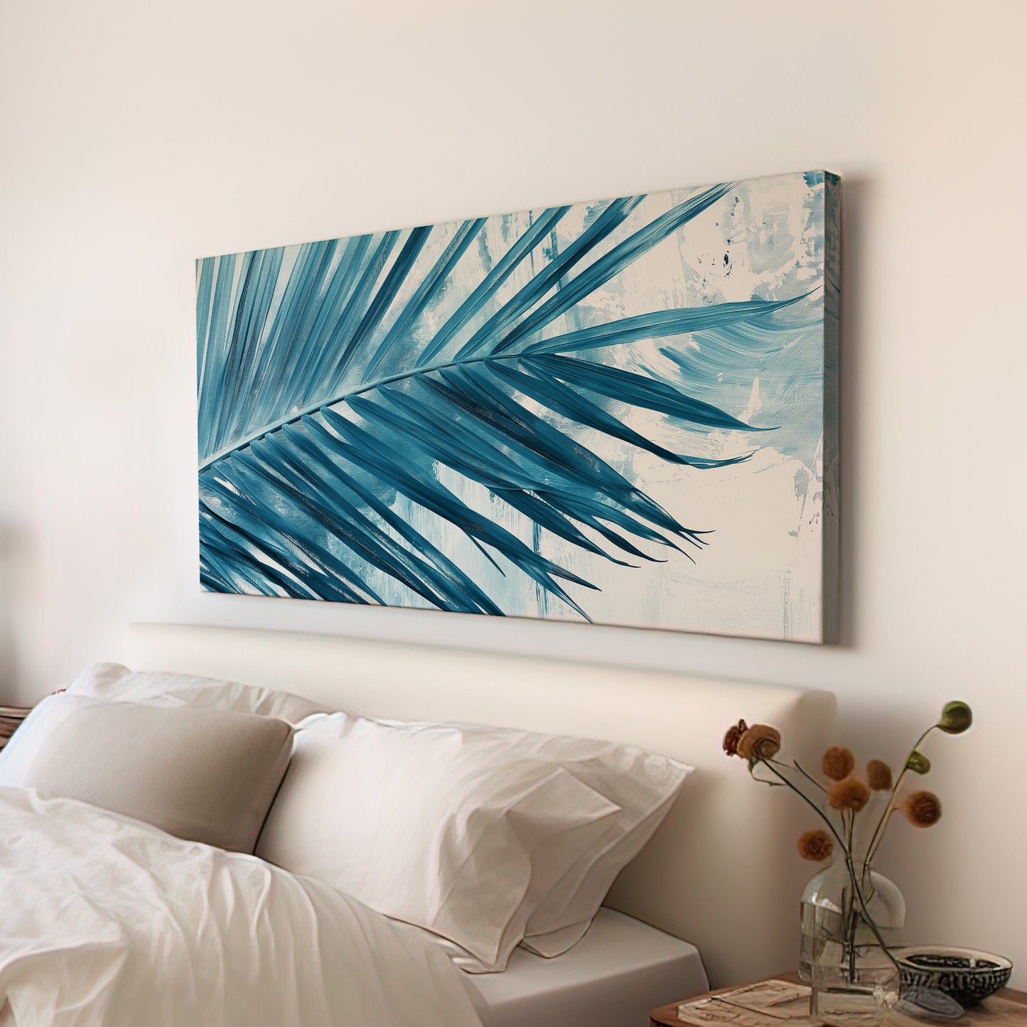 Palm Leaf Long Horizontal Wall Art for Bedroom, Panoramic Blue Tones Canvas Print, Botanical Decor Canvas Art