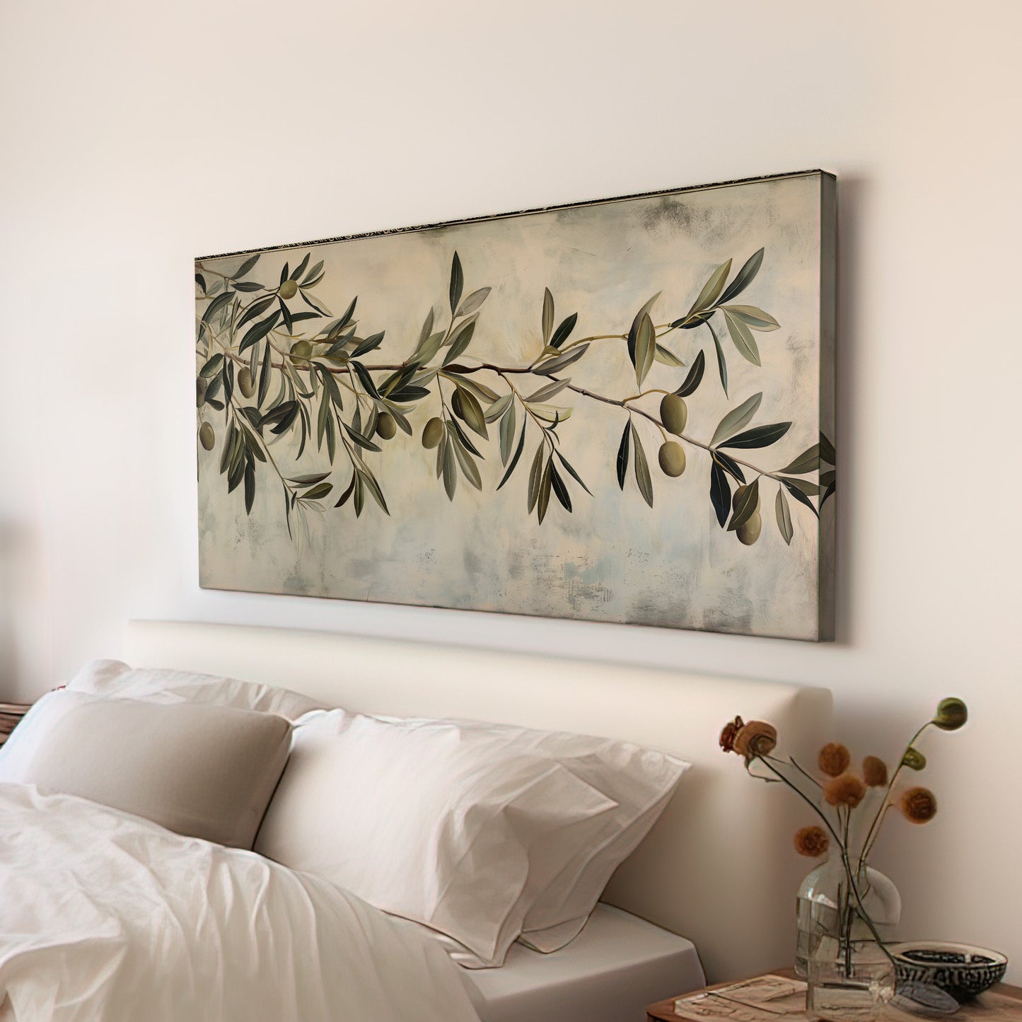 Olive Tree Branch Long Horizontal Wall Art For Kitchen, Panoramic Botanical Canvas Print, Farmhouse Decor Canvas Art