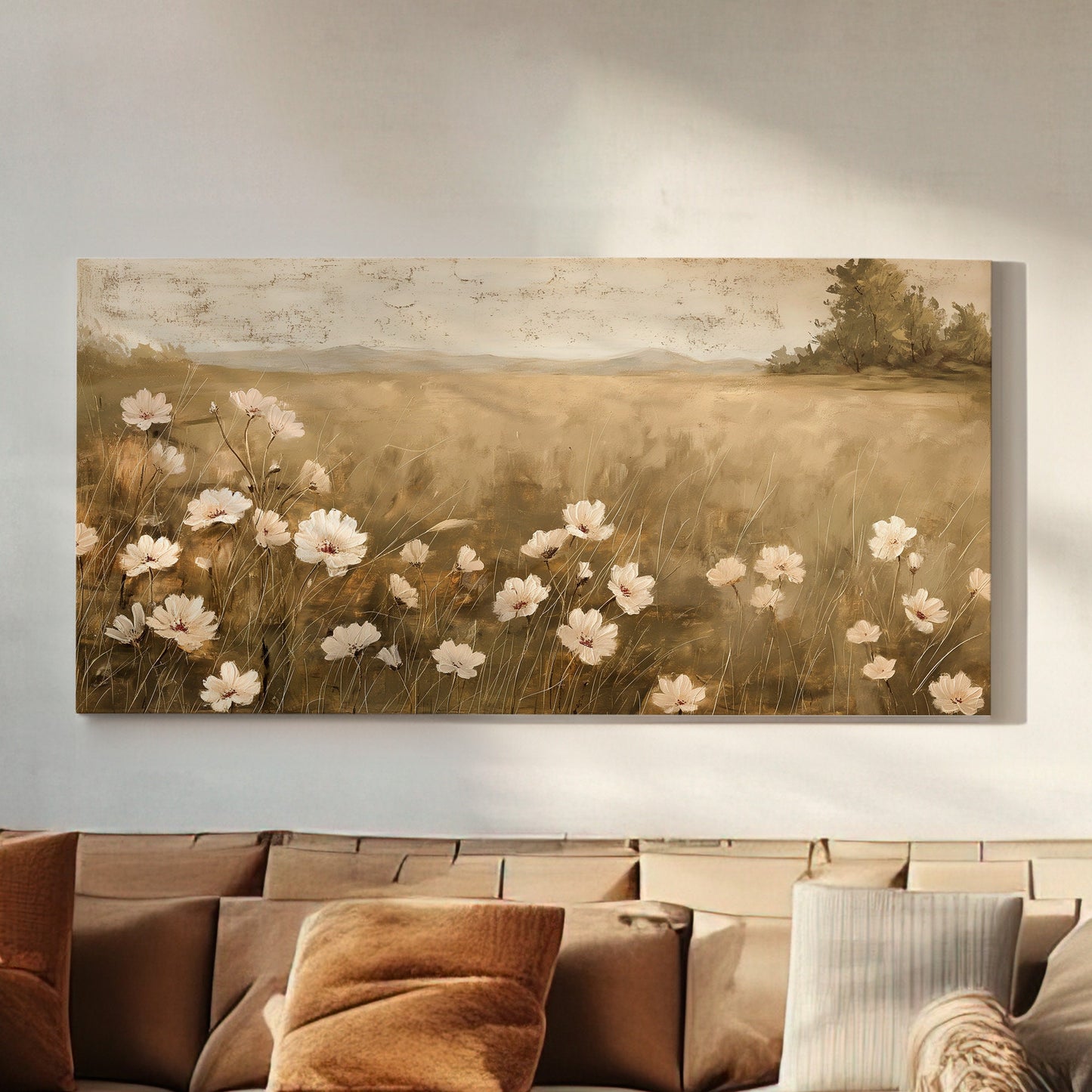 Neutral Wildflower Long Horizontal Wall Art For Guest Room, Panoramic Floral Field Canvas Print, Farmhouse Decor Canvas Art