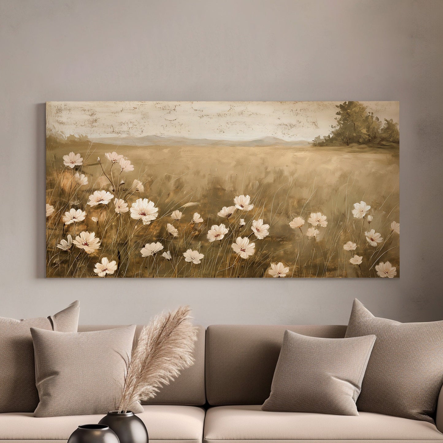 Neutral Wildflower Long Horizontal Wall Art For Guest Room, Panoramic Floral Field Canvas Print, Farmhouse Decor Canvas Art