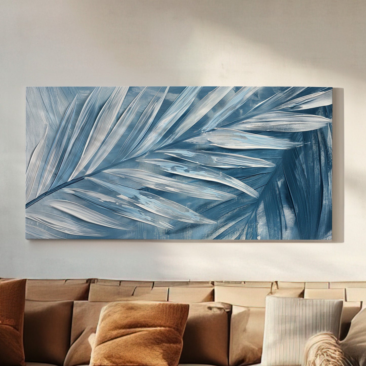 Minimal Palm Leaf Long Horizontal Wall Art For Bedroom, Panoramic White And Blue Canvas Print, Minimal Decor Canvas Art