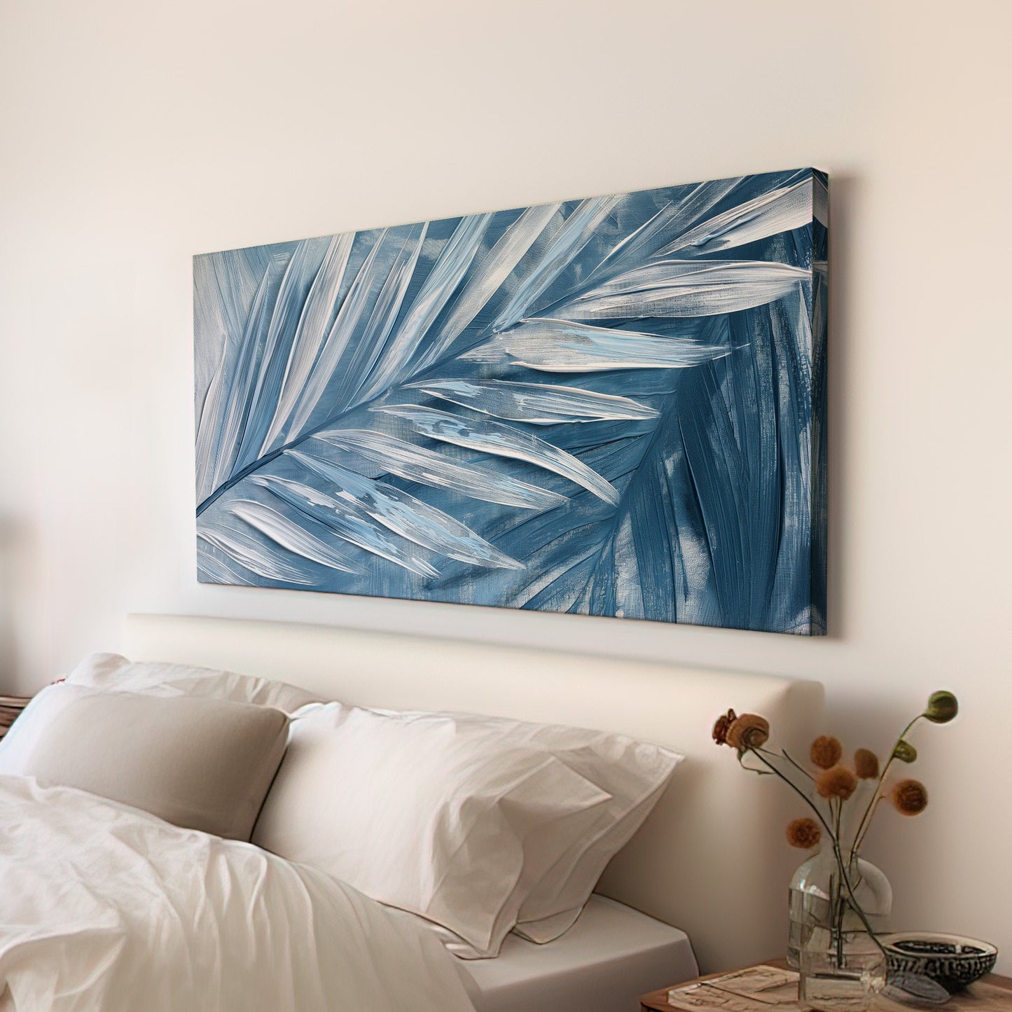 Minimal Palm Leaf Long Horizontal Wall Art For Bedroom, Panoramic White And Blue Canvas Print, Minimal Decor Canvas Art