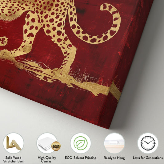 Gold Cheetah Long Horizontal Wall Art For Bedroom, Panoramic Red and Gold Canvas Print, Tiger Decor Canvas Art