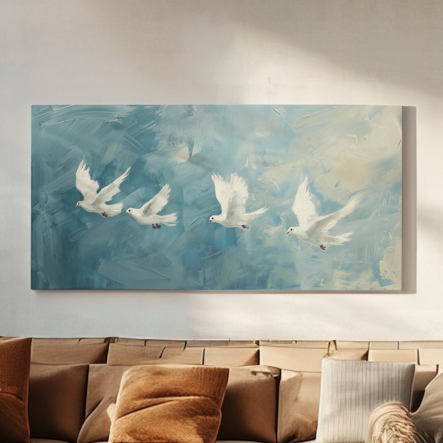 Flying Doves Long Horizontal Wall Art For Bedroom, Panoramic Abstract Canvas Print, Beautiful Sky Decor Canvas Art