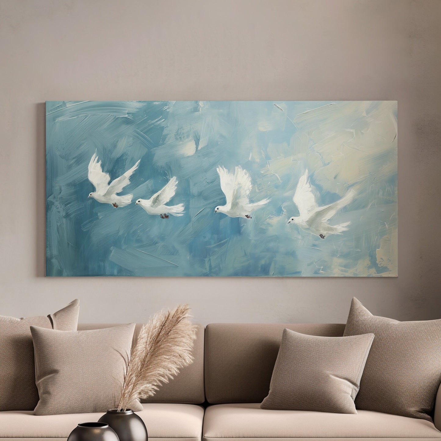 Flying Doves Long Horizontal Wall Art For Bedroom, Panoramic Abstract Canvas Print, Beautiful Sky Decor Canvas Art