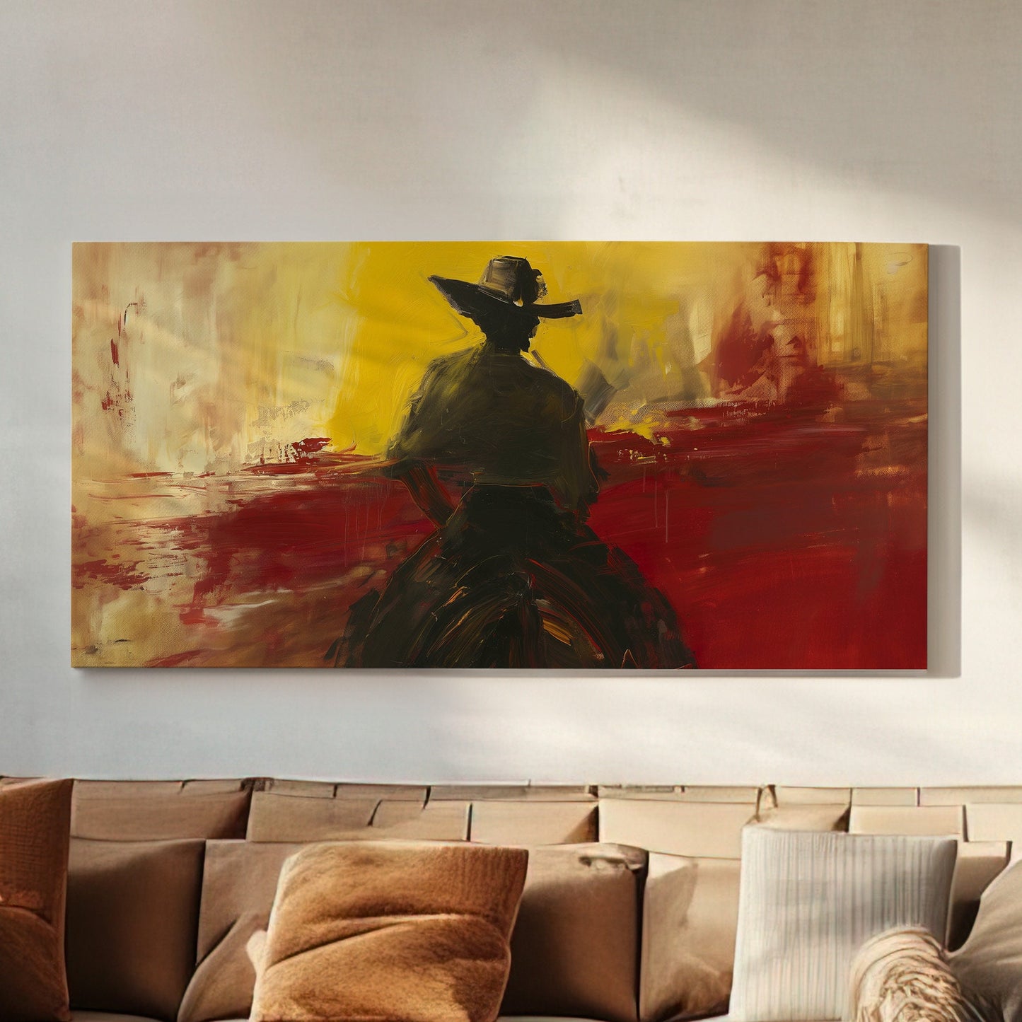 Cowboy on a Horse Long Horizontal Wall Art for Bedroom, Panoramic Western Canvas Print, Southwest Decor Canvas Art