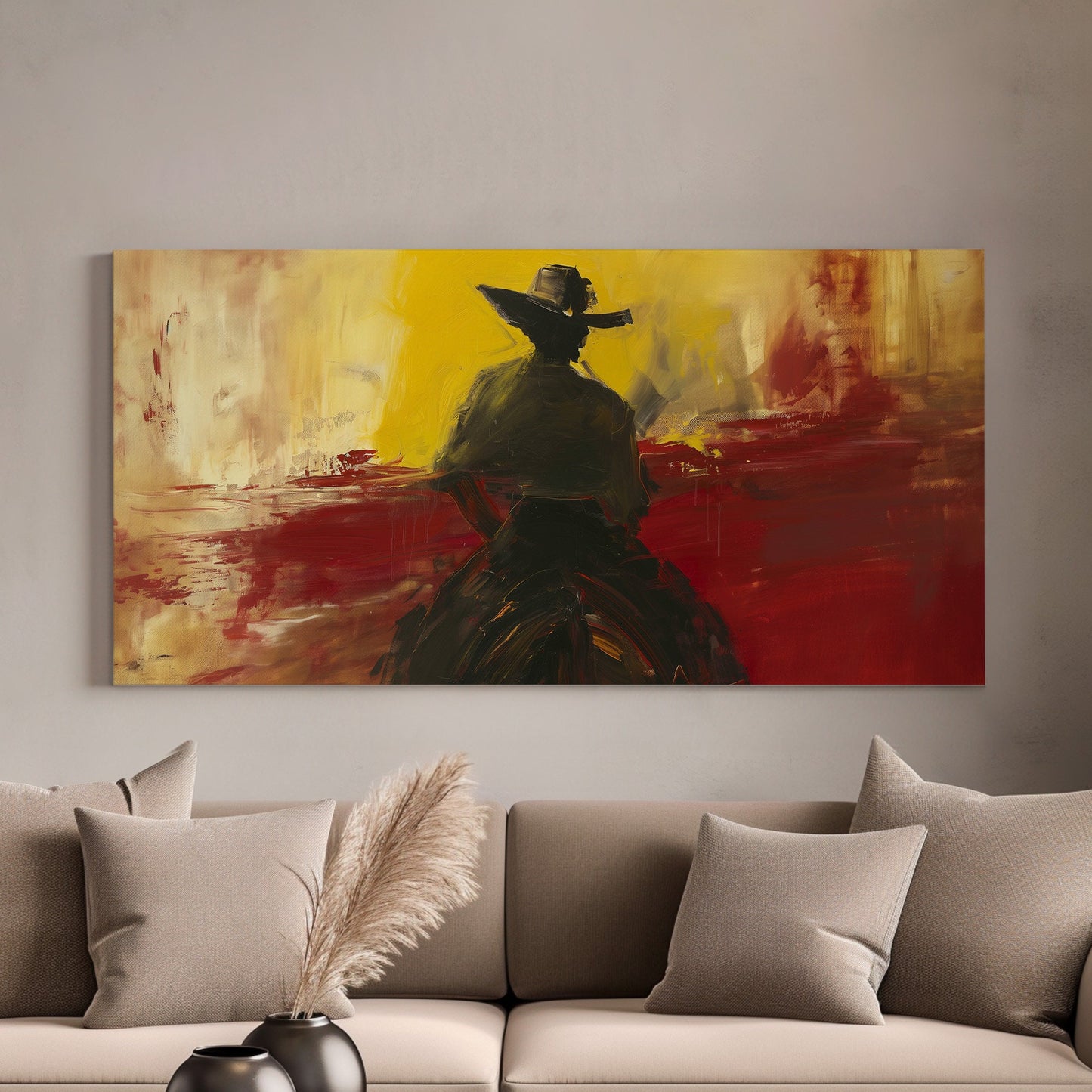 Cowboy on a Horse Long Horizontal Wall Art for Bedroom, Panoramic Western Canvas Print, Southwest Decor Canvas Art