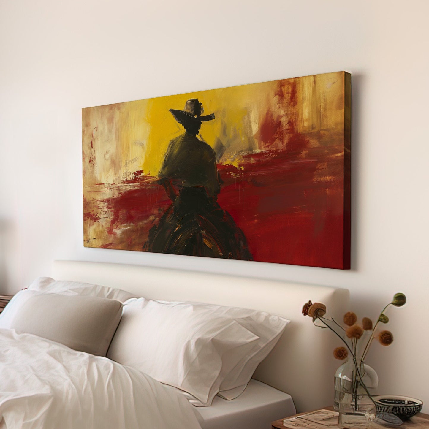 Cowboy on a Horse Long Horizontal Wall Art for Bedroom, Panoramic Western Canvas Print, Southwest Decor Canvas Art